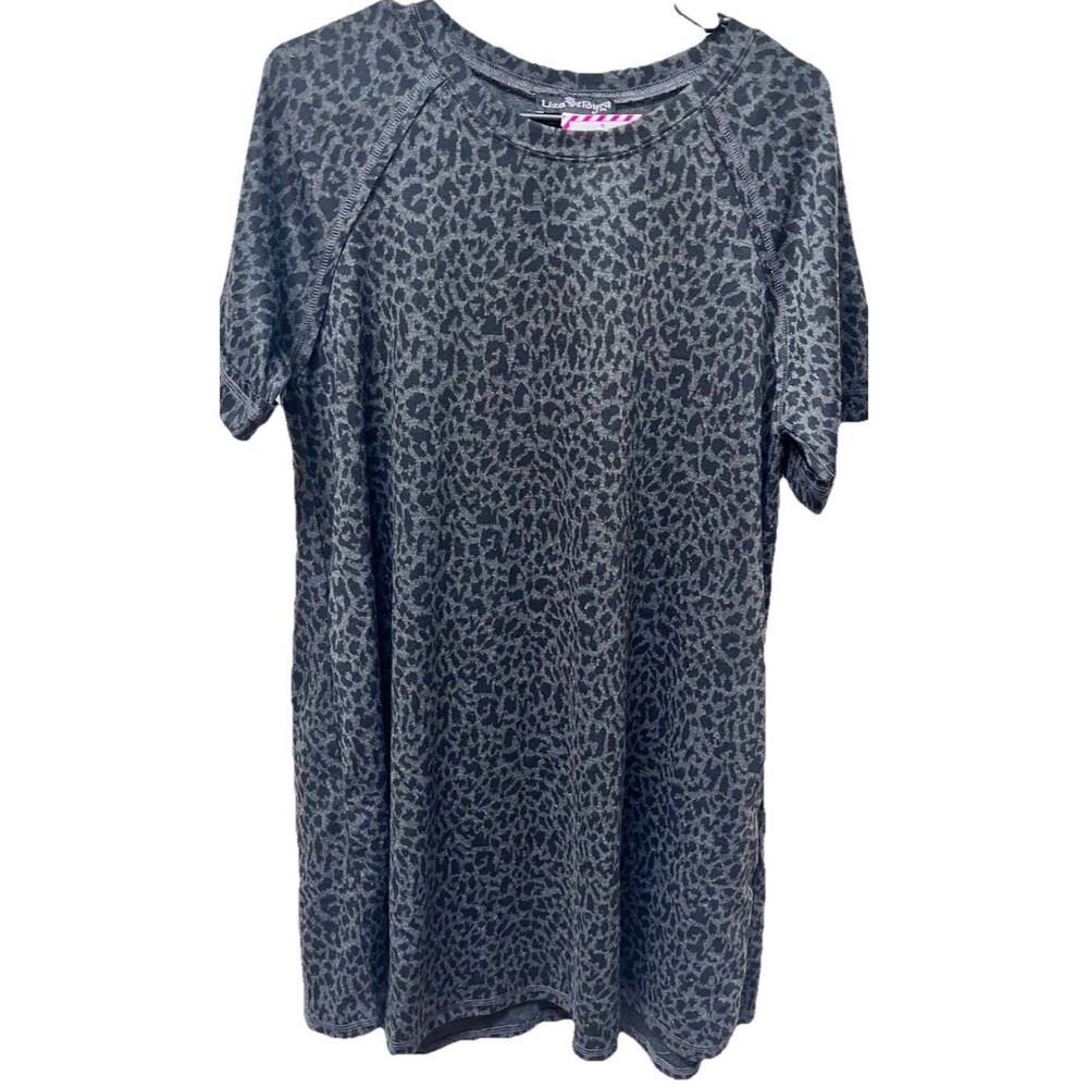 NWT Liza Byrd Women's Size L Gray Leopard Print Short Sleeve Dress Knit